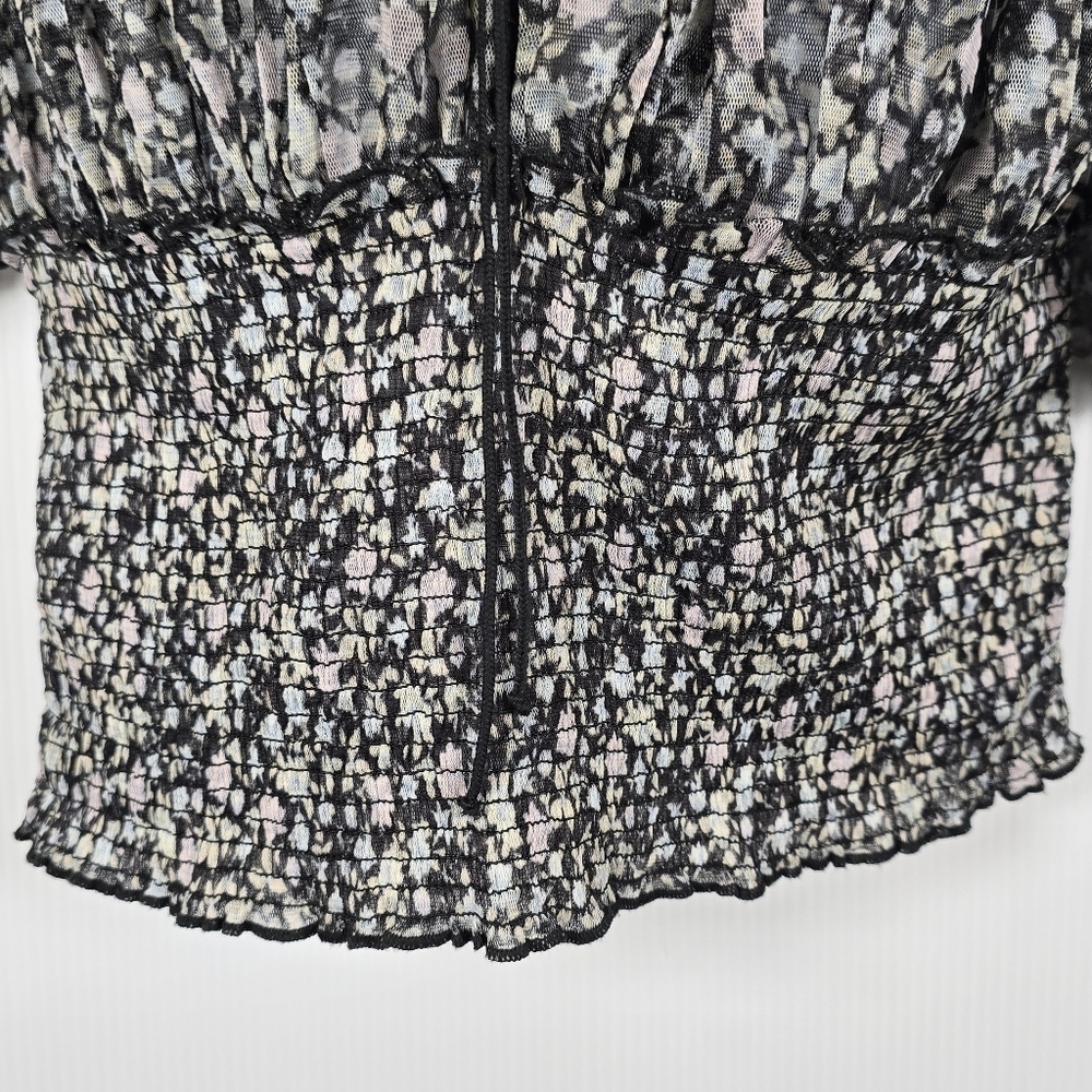 Free People Beatrice Lace-Up Top Printed Sheer Smocked Black Floral Size Medium - Picture 7 of 16